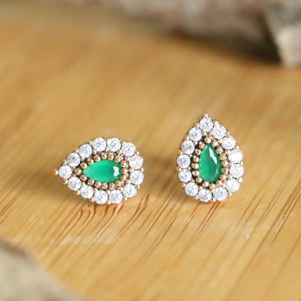 Sterling Silver Green jade & White CZ Stoness - Picture 1 of 8